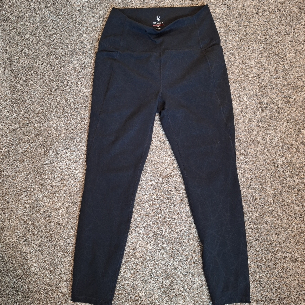Spider Women's Size Lrg Black High-Waisted Leggings Side Pockets Krackle Pattern